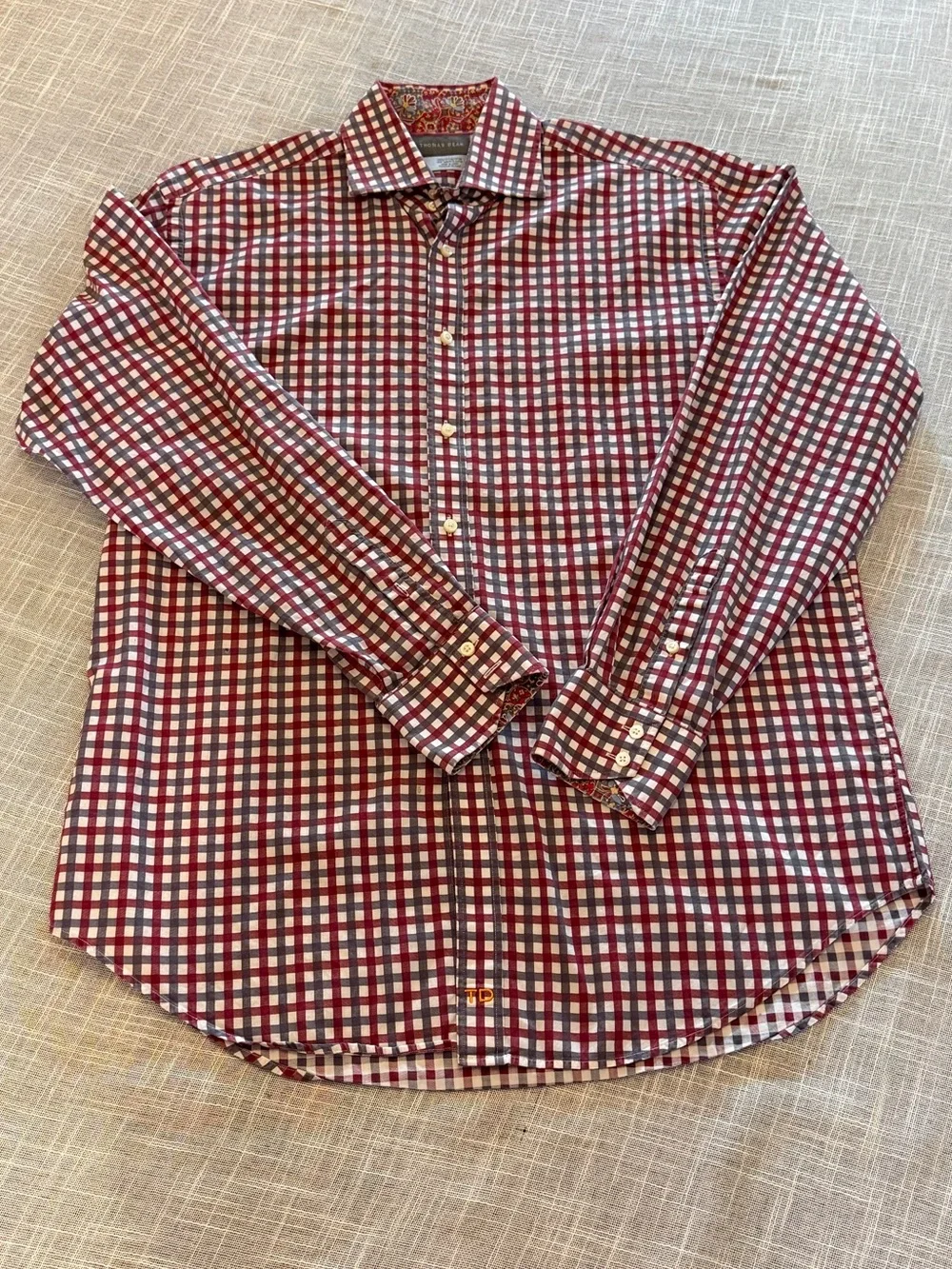 Thomas Dean Shirt Mens Large Red Gingham Check Button Front Long Sleeve - Picture 6 of 10